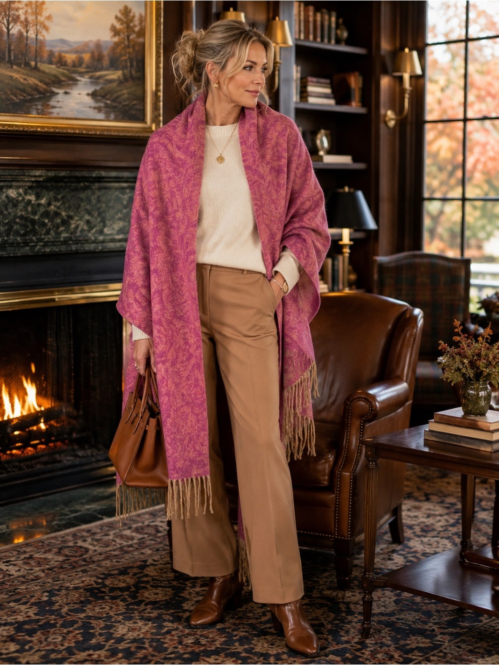 Kousei Pink Cashmere Wool Blend Paisley Scarf Wrap Fringe